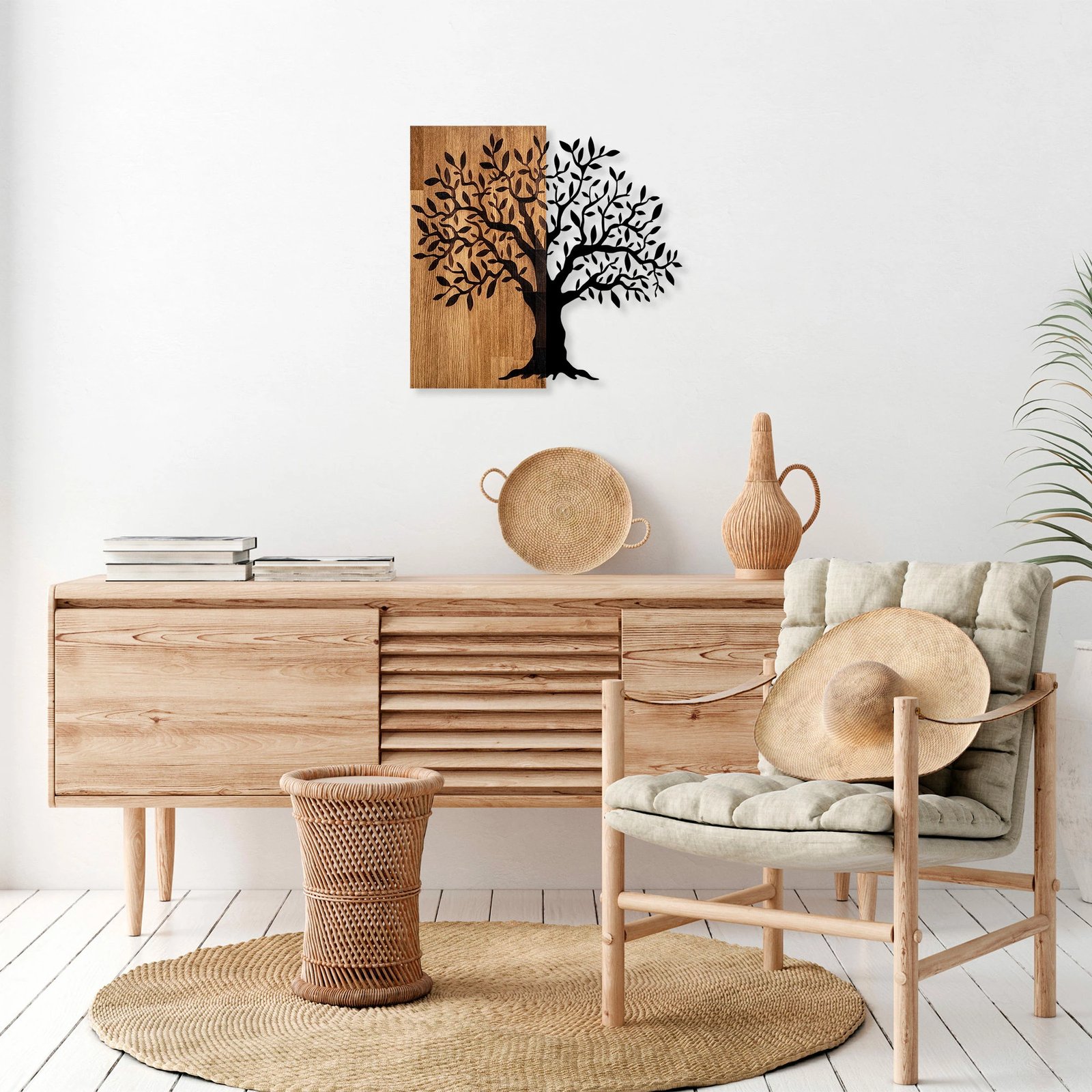 Aksesor dekorativ për mur, dru natyral dhe metal, pemë misterioze, Wallity 371, 58x60cm
