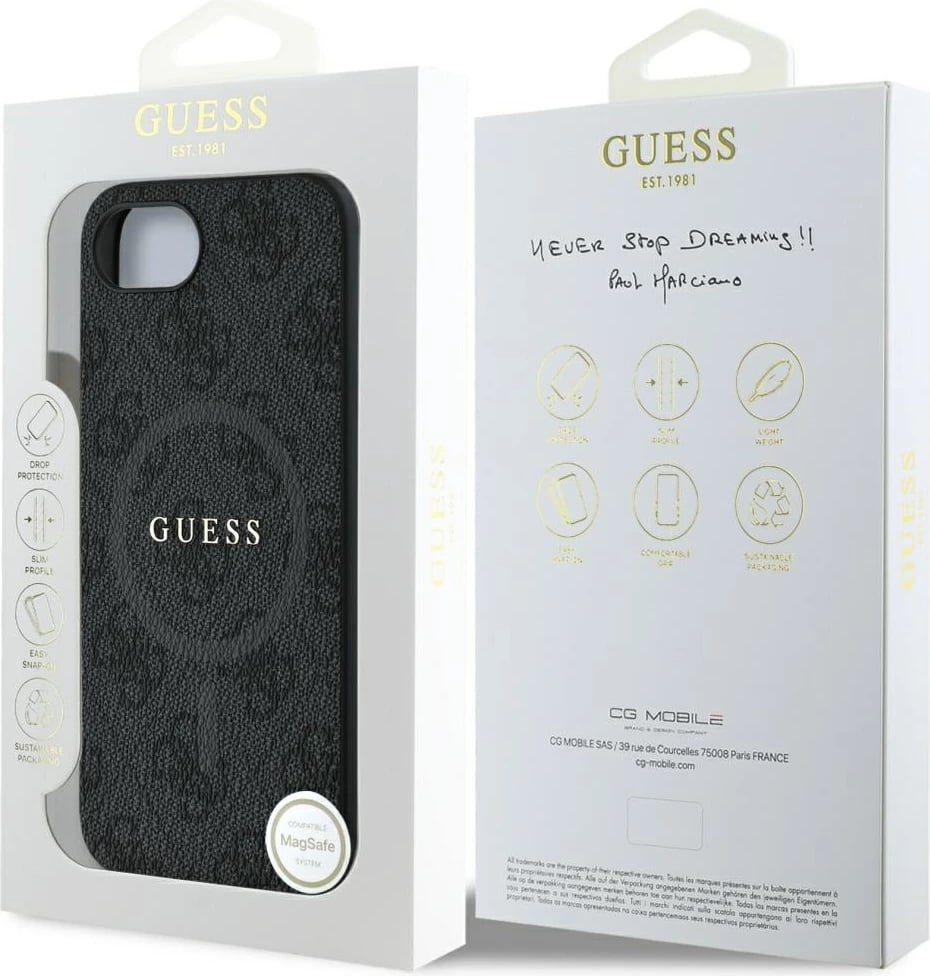Mbështjellës Guess PU Leather 4G Colored Ring me MagSafe për iPhone 16e 6.1", i zi