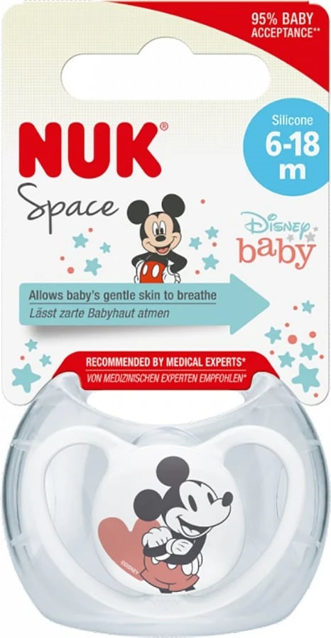 Qetësues bebe, NUK, Space Disney Mickey Mouse, silikon 6-18 muaj, i kuq, 1 copë
