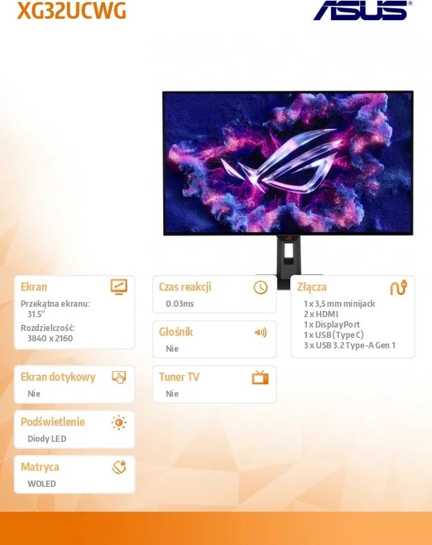 Monitor gaming Asus ROG XG32UCWG 31.5" 4K UHD 165Hz WOLED 0.03 ms HDR1300 HDMI 2.1 DP USB-C, e zezë