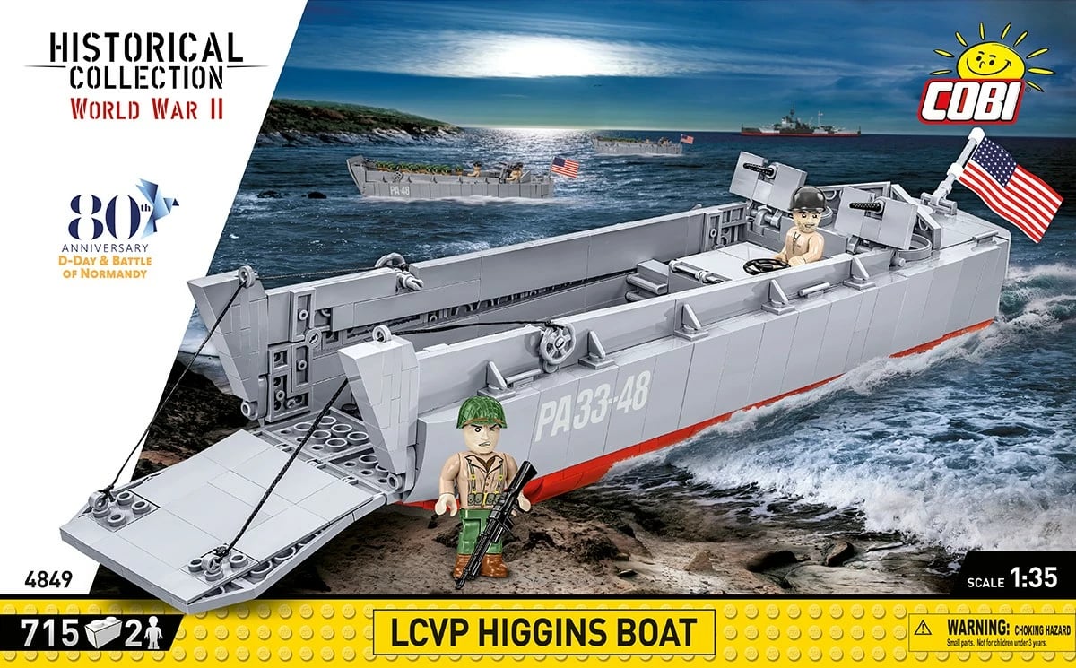 Set lodrash ndërtimi Cobi Klocki LCVP Higgins Boat, 715 pjesë, me 2 figurina, Gri