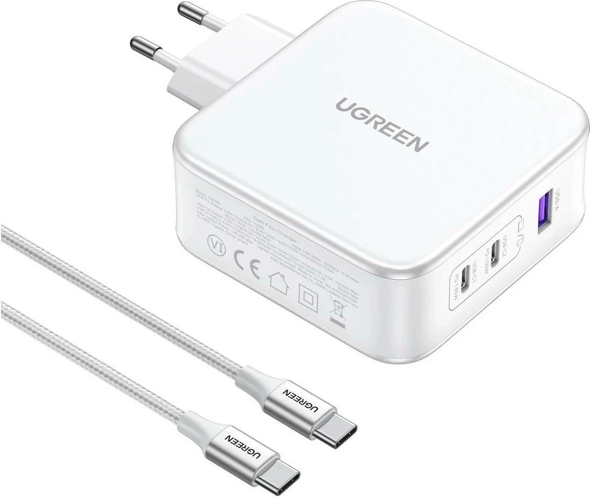 Karikues UGREEN Nexode CD289, 1x USB-A, 2x USB-C, kabllo USB-C - USB-C, bardhë
