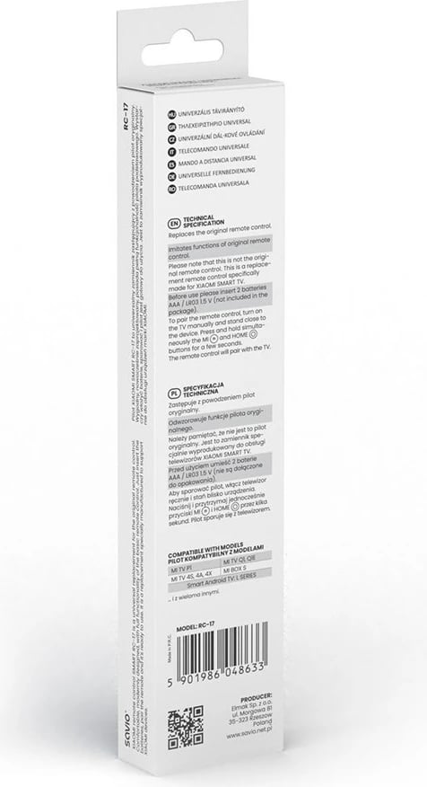 Telekomandë SAVIO RC-17 për Xiaomi, IR/Bluetooth, e zezë