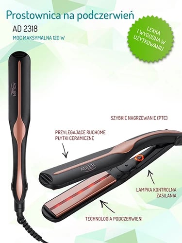 drejtues flokësh infrared, Adler AD 2318, pllaka qeramike 11x3 cm, rregullim temperature 150-230°C, 35W (max 120W), e zezë/rozë e artë