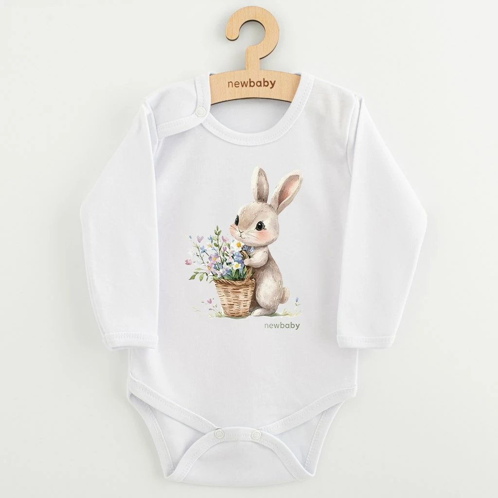 Bodi bebe, NEW BABY, Rabbit with Flowers, 100% pambuk, mëngë të gjata, madhësi 74 (6–9m), e bardhë