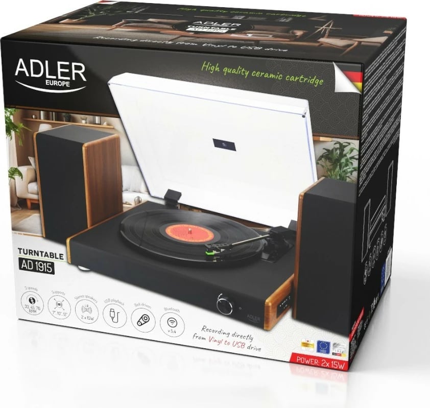Gramofon Adler AD1915 me USB, Bluetooth, altoparlantë të integruar, i zi me pamje druri