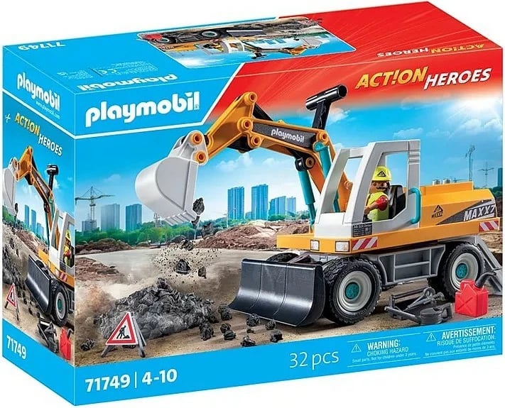 Set lodrash Playmobil Action Heroes 71749, ekskavator i madh me figurë dhe aksesorë, 32 pjesë