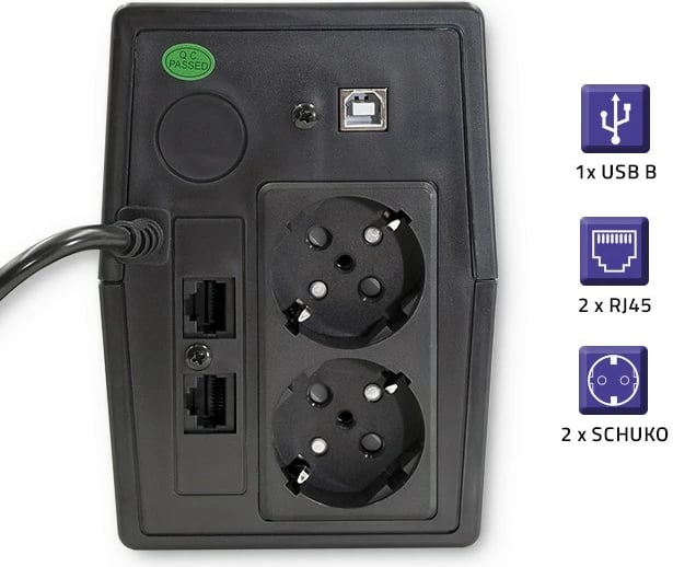 UPS Qoltec 53977, 450VA, 240W, LCD, USB, RJ45, e zezë