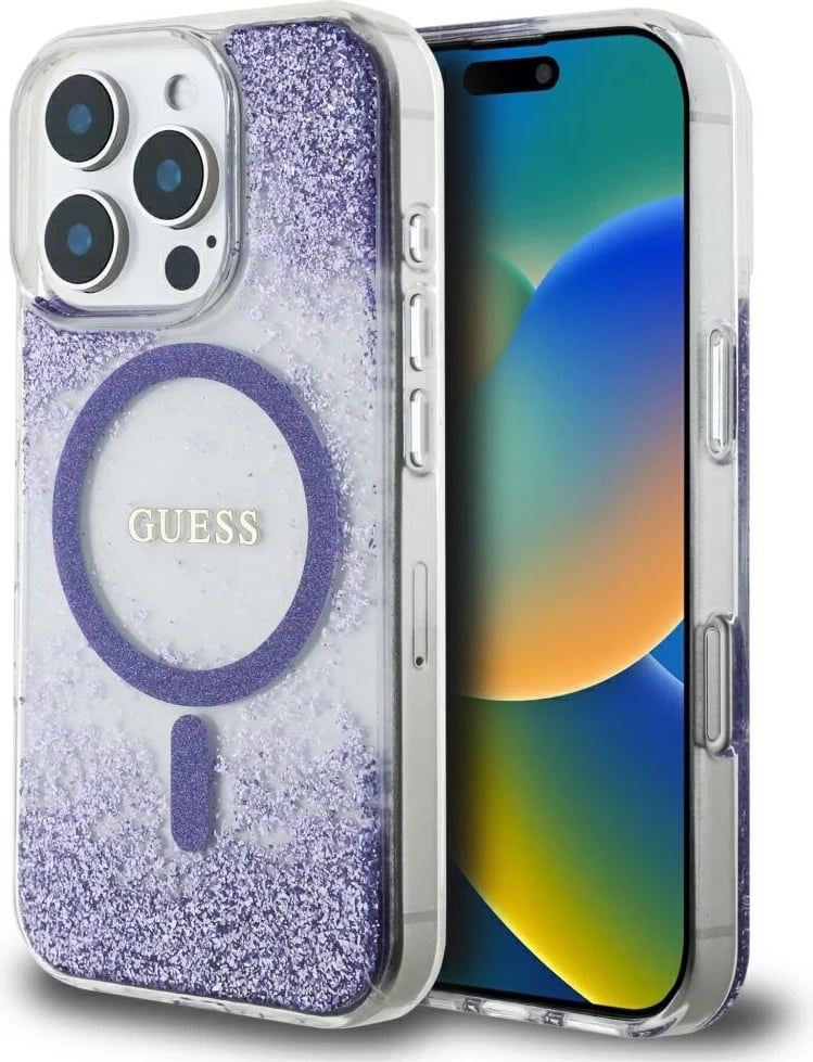 Mbështjellës, Guess, HC Resin Bottom Glitter MagSafe, për iPhone 16 Pro Max 6.9", hardcase TPU/PC, me unazë MagSafe, vjollcë