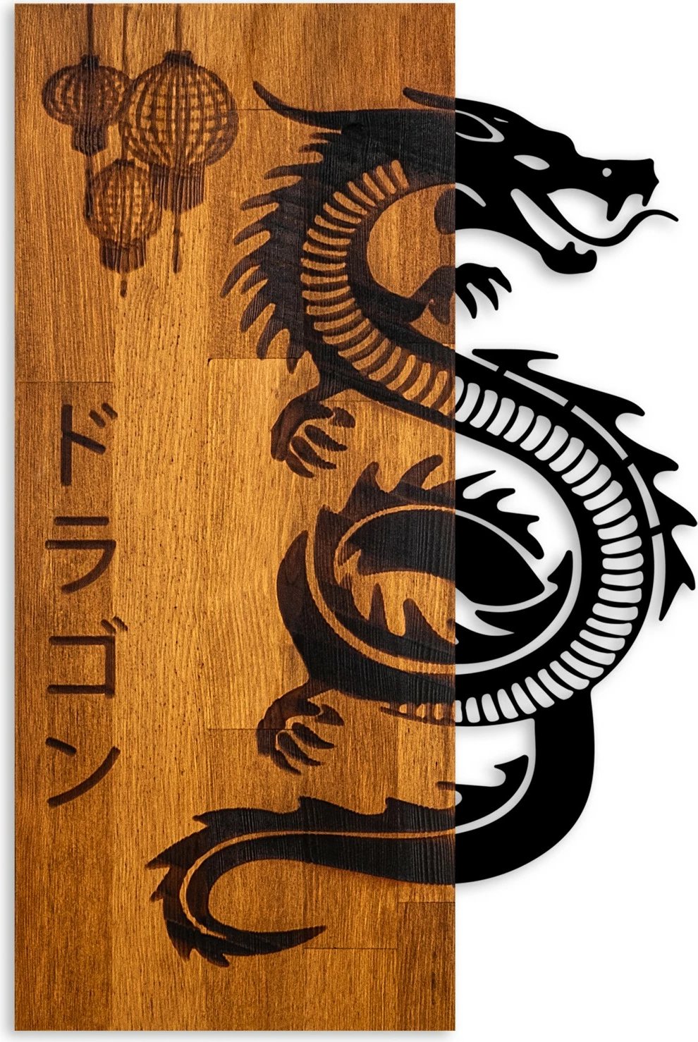 Aksesor dekorativ druri për mur, dragoi, ngjyrë arre dhe e zezë