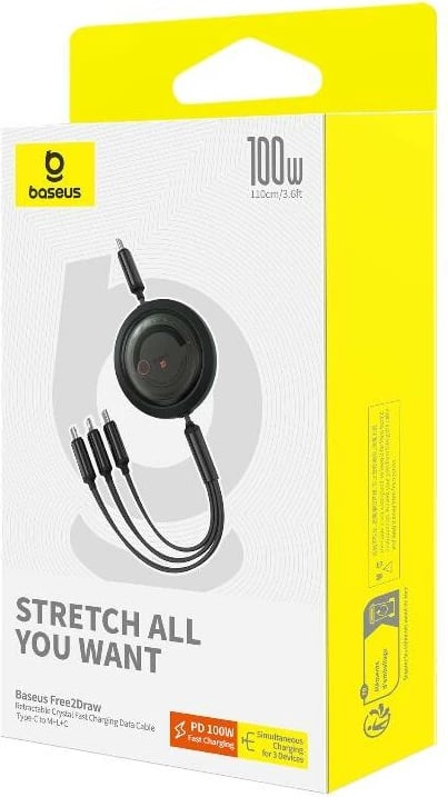 Kabllo karikimi 3-në-1 Baseus Free2Draw, 1.1m, 100W, USB-C/Lightning/microUSB, e zezë Kabllo karikimi 3-në-1 Baseus Free2Draw, 1.1m, 100W, USB-C/Lightning/microUSB, e zezë