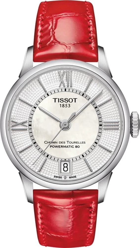 Orë dore TISSOT Chemin des Tourelles Powermatic 80 për femra, e kuqe