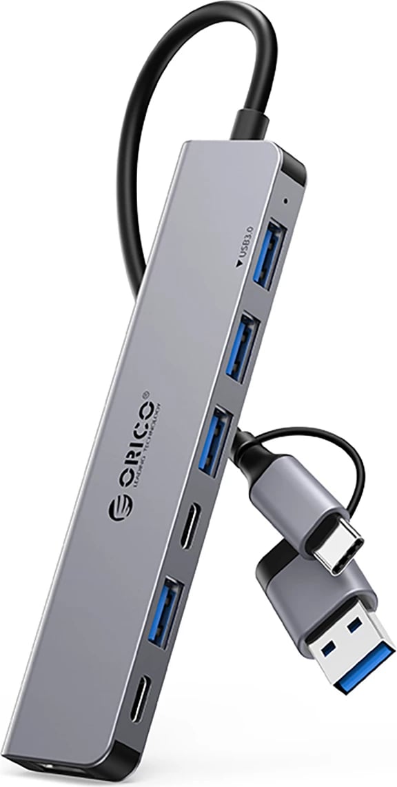 Kasë Orico YSA7-U3, 7 porta USB (4x USB-A 2.0, 1x USB-A 3.0, 2x USB-C 2.0), Gri
