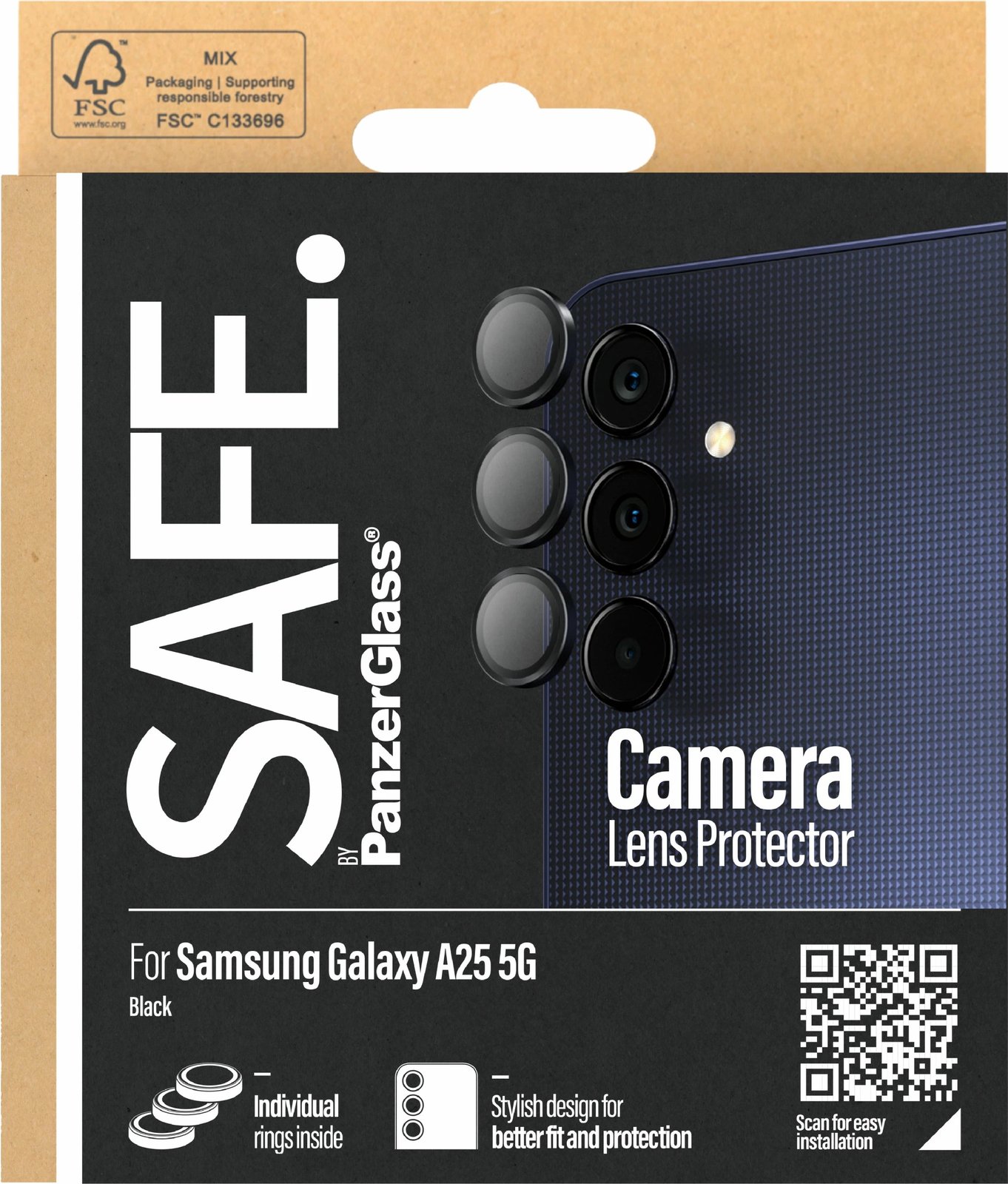 Mbrojtës kamere PanzerGlass SAFE. për Samsung A25 5G, xham i temperuar, i zi