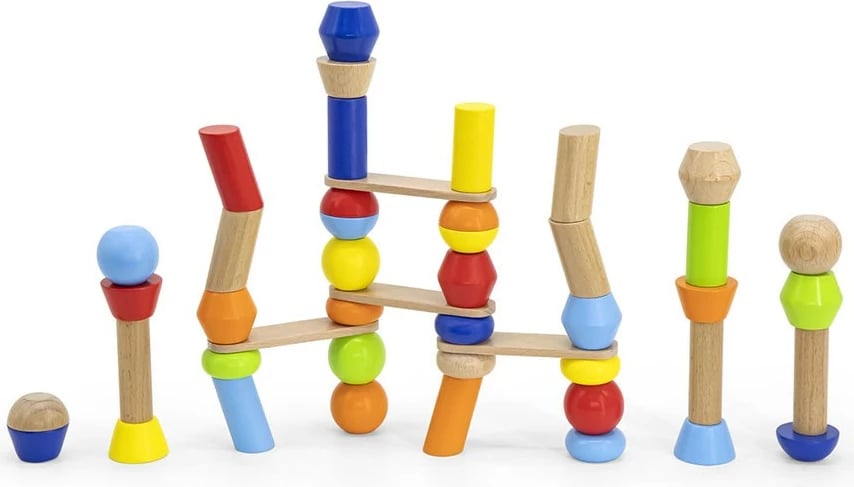 lojë blloqesh druri, Viga Building Towers, 46 copa me 6 karta modeli, kuti ruajtëse druri, shumëngjyrëshe