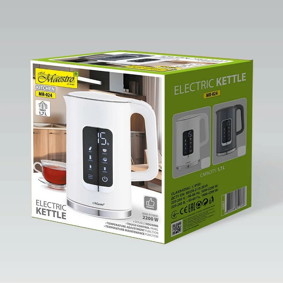 Çajnik elektrik Feel-Maestro MR-024-WHITE, 1.7L, 2200W, kontroll temperature, bardhë