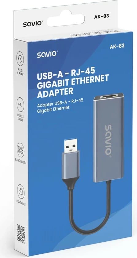 Adapter rrjeti USB-A në RJ-45 Gigabit, Savio, AK-83, USB 3.1 Gen 1 5 Gbps, 10/100/1000 Mbps, kabllo 18 cm, argjend