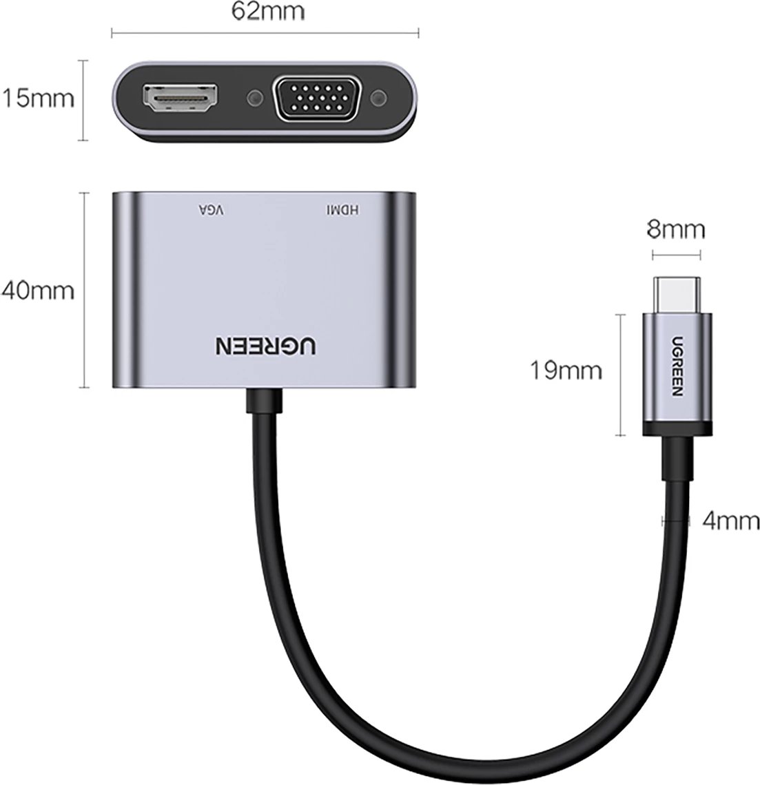 Adapter Ugreen CM162 50505 me HDMI, VGA, USB-A 3.0, USB-C PD, Gri