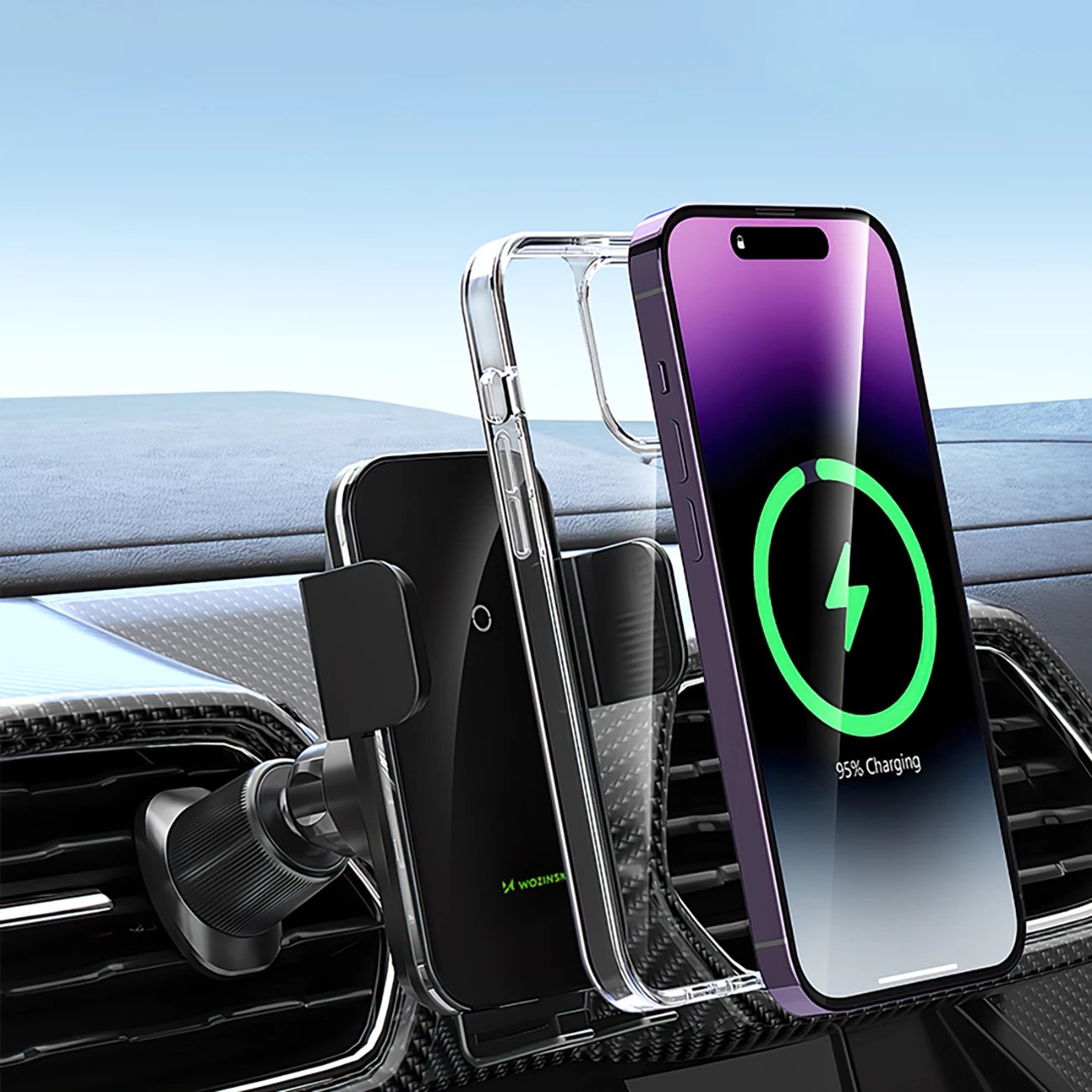 Mbajtës telefoni me karikues wireless Wozinsky WEDZ-3Y8S për veturë, 15W, i zi