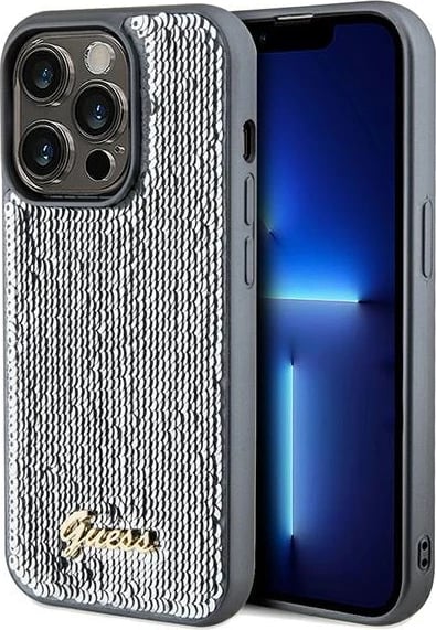 Mbështjellës Guess Sequin Script Metal për iPhone 14 Pro, argjend Mbështjellës Guess Sequin Script Metal për iPhone 14 Pro, argjend