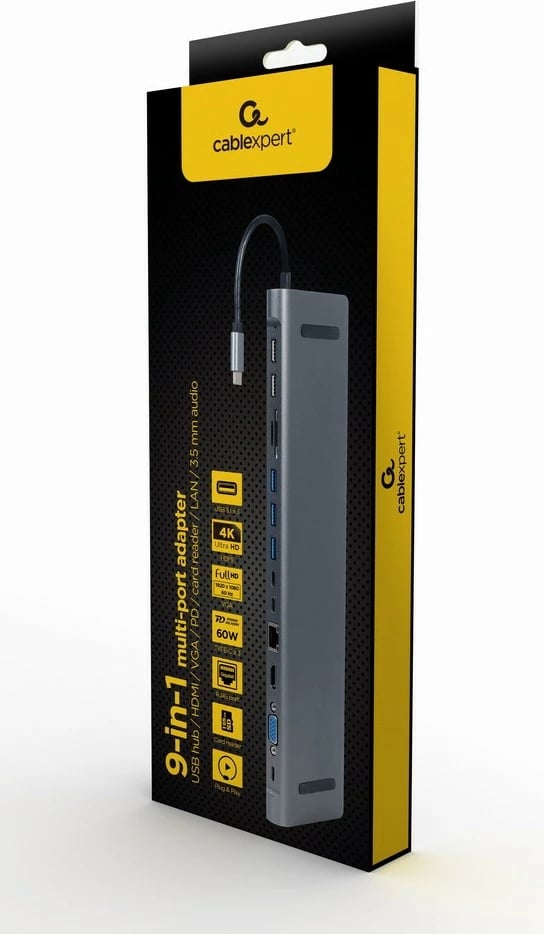Kasë portesh Gembird A-CM-COMBO9-01, 9-në-1, USB-C, HDMI, VGA, LAN, SD, MicroSD, 3x USB 3.1, 2x USB 2.0, 2x USB-C, Gri