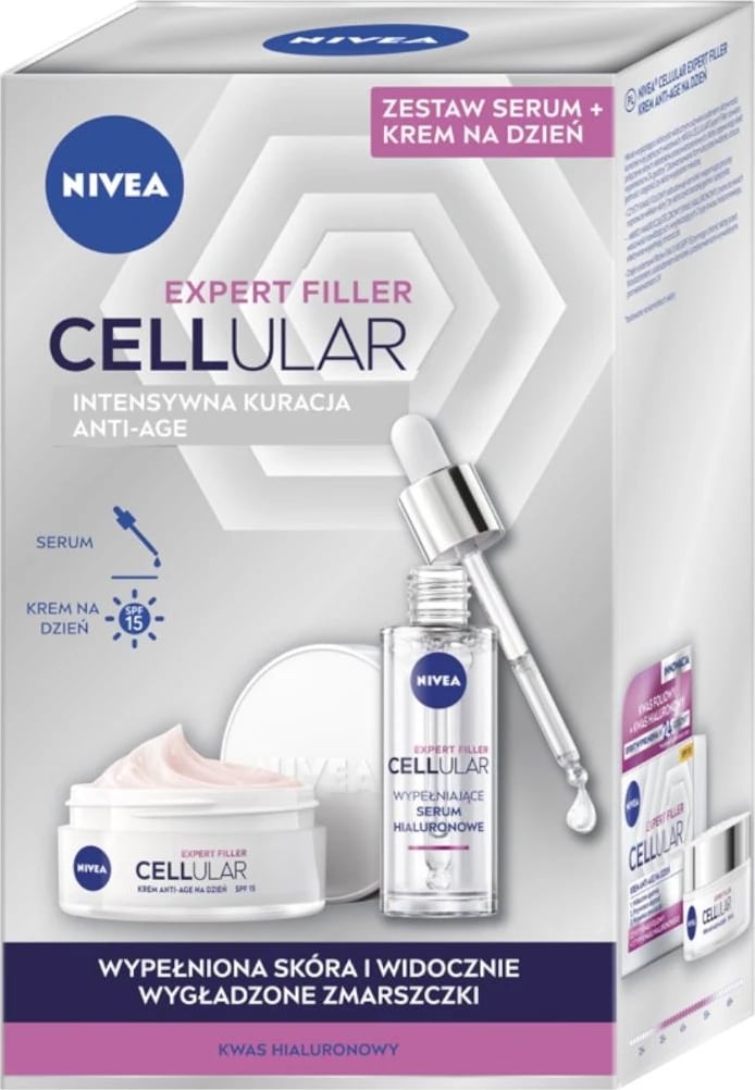 Set kremëra anti-age dhe serum për femra Nivea Cellular Expert Filler, 50ml + 30ml Set kremëra anti-age dhe serum për femra Nivea Cellular Expert Filler, 50ml + 30ml