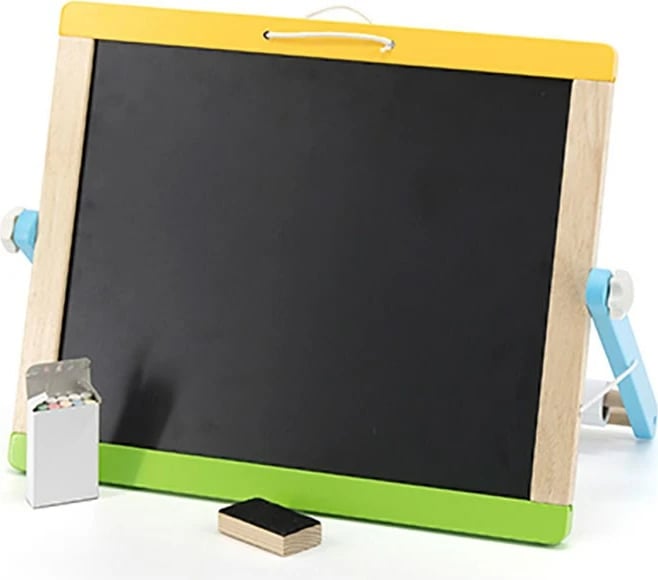 Tabelë magnetike druri, Viga, me dy anë (tabelë e bardhë + shkumës), set me 26 shkronja, 10 numra, 29 forma, me rul letre, multingjyrës