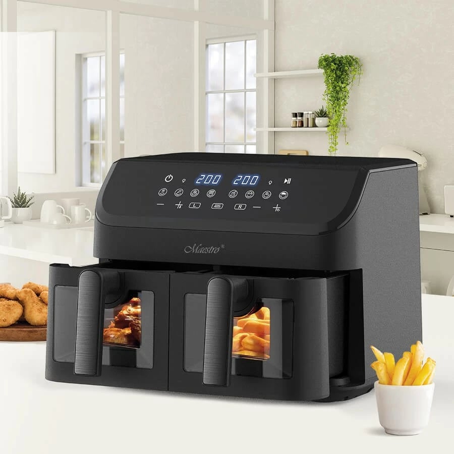 Friteuzë me ajër dyfishe Feel-Maestro MR-758, 9L (2x4.5L), 2000W, 8 programe, ekran LCD, e zezë