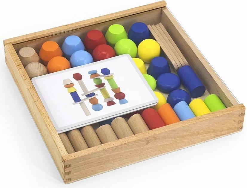 lojë blloqesh druri, Viga Building Towers, 46 copa me 6 karta modeli, kuti ruajtëse druri, shumëngjyrëshe