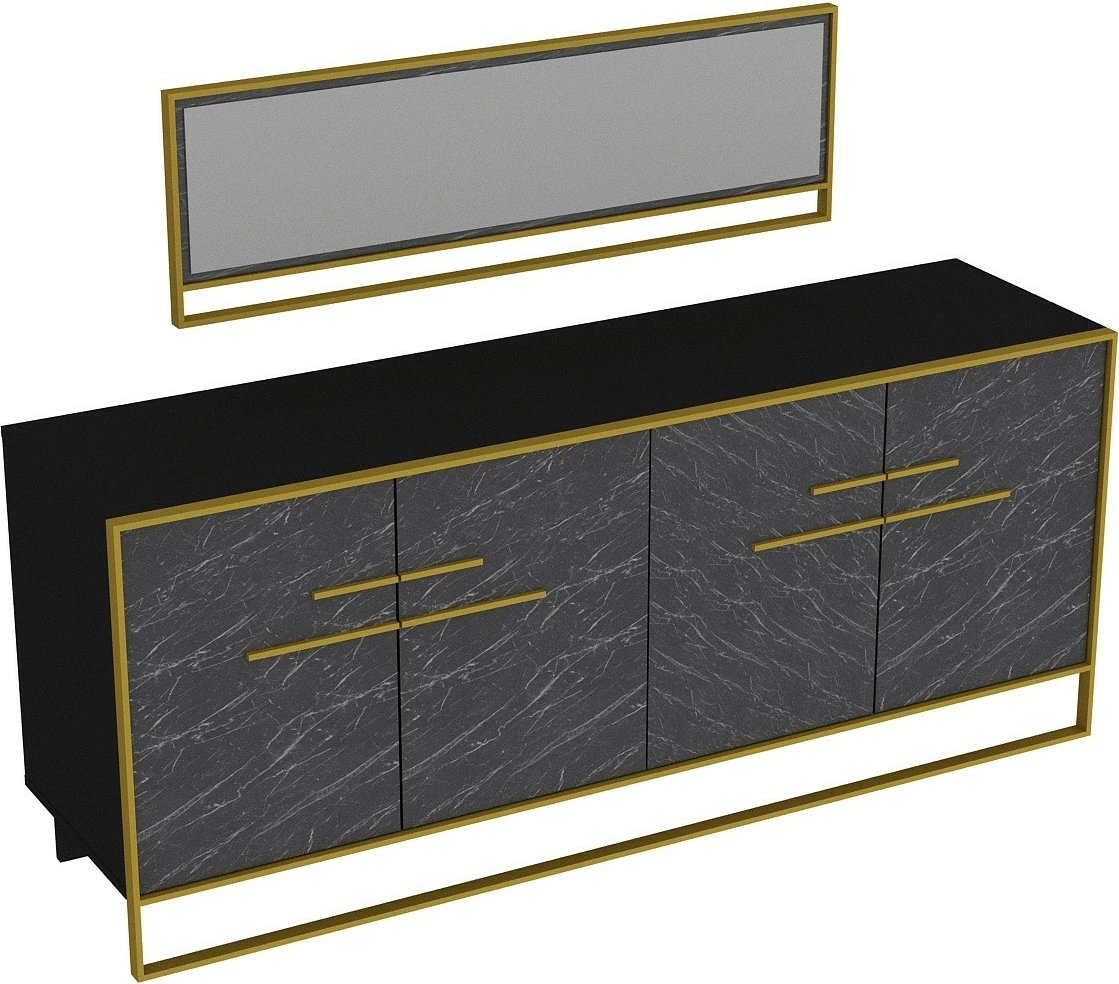 Konsolë me pasqyrë, ngjyrë mermeri e zezë, detaje ari, Polka Aynali, Hanah Home