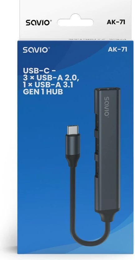 Hub USB-C Savio AK-71, 4 porta (3x USB-A 2.0, 1x USB-A 3.1 Gen 1), Gri