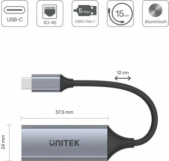Adapter USB-C në RJ45 Unitek U1312A, 1000 Mbps, Gri