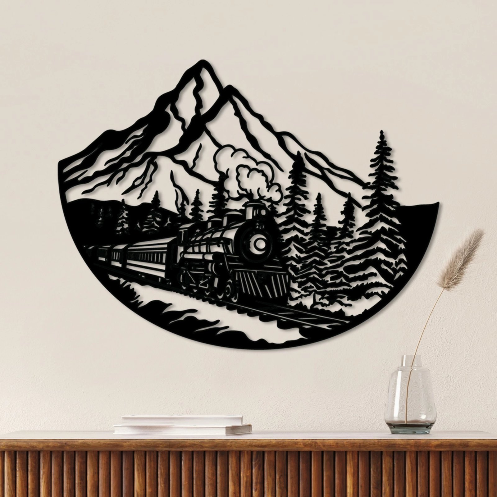 Aksesor dekorativ metalik për mur, tren, Wallity, ngjyrë e zezë, 55x73cm