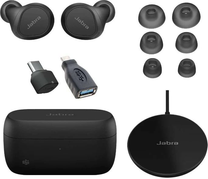 Kufje Jabra Evolve2 Buds me pad karikimi wireless, USB-C, të zeza