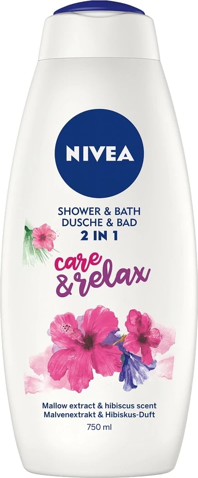 Xhel dushi dhe banjë 2-në-1 Nivea Care & Relax për femra 750ml Xhel dushi dhe banjë 2-në-1 Nivea Care & Relax për femra 750ml