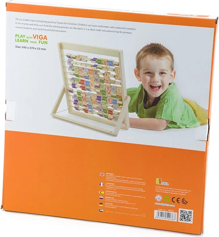 Tabelë shumëzimi druri, Viga, 10 shufra me kuba rrotullues, 345x370x23 mm, për 3+ vjeç, shumëngjyrëshe