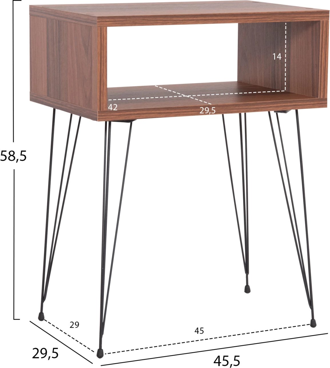 Komodinë anësore TODD FH18184.05 melaminë ngjyrë arre, këmbë metali të zeza, 45.5x29.5x58.5H cm.