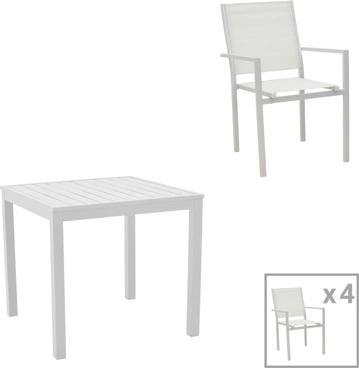 Tavolinë me karrige për terasë, Zacreta-Kliton, alumin i bardhë, set 5 copë, 80x80x74cm
