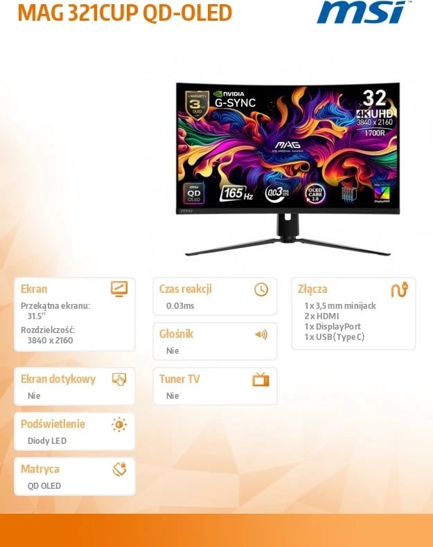 Monitor, MSI MAG 321CUP QD-OLED, 31.5", 4K UHD, 165Hz, QD‑OLED, i lakuar 1700R, 0.03ms, USB‑C/HDMI 2.1/DP, e zezë
