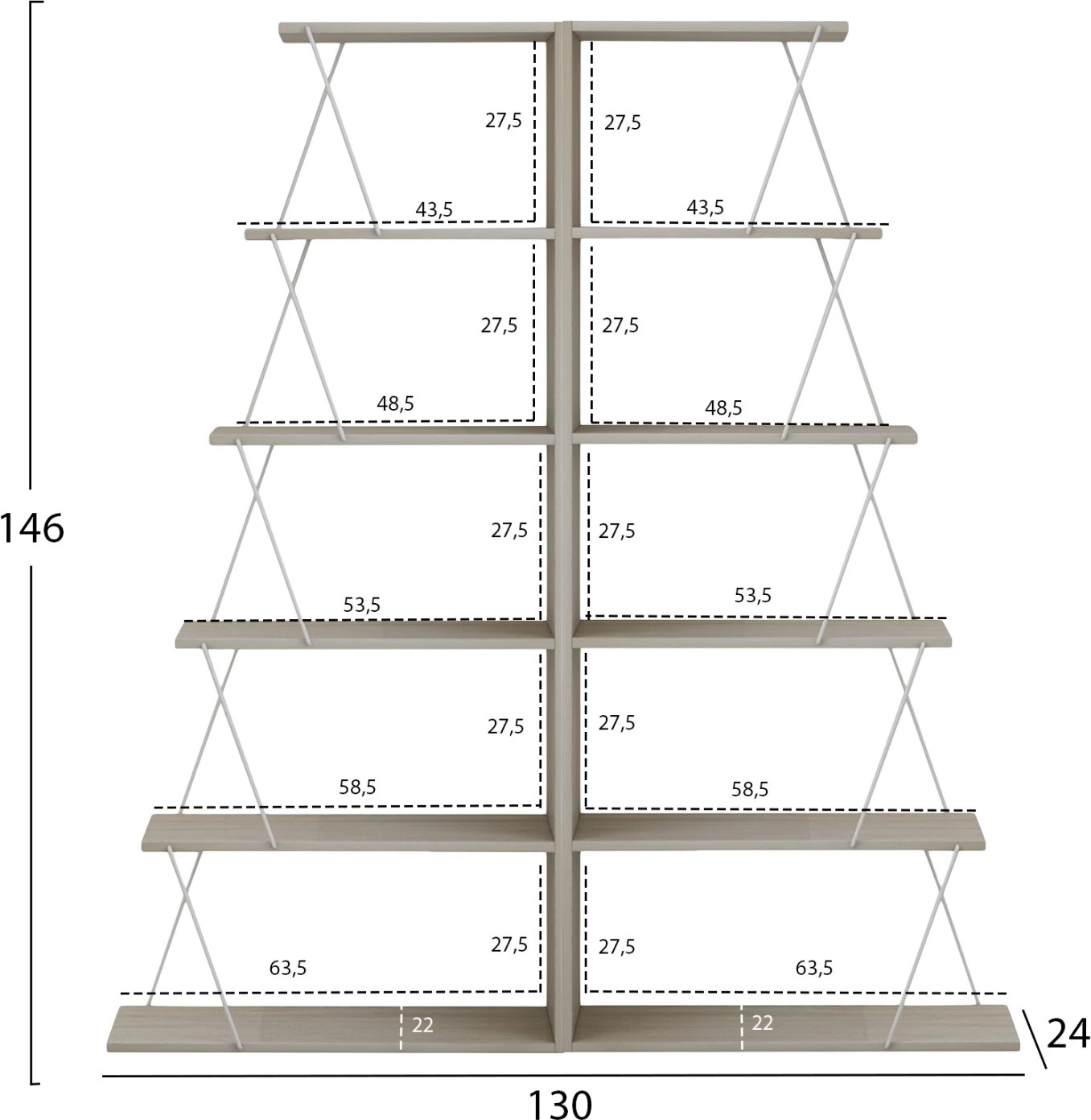Raft librash 2 copë set, ngjyrë sonama, shufra metali të bardha, FH11772.11, 65x24x146 cm