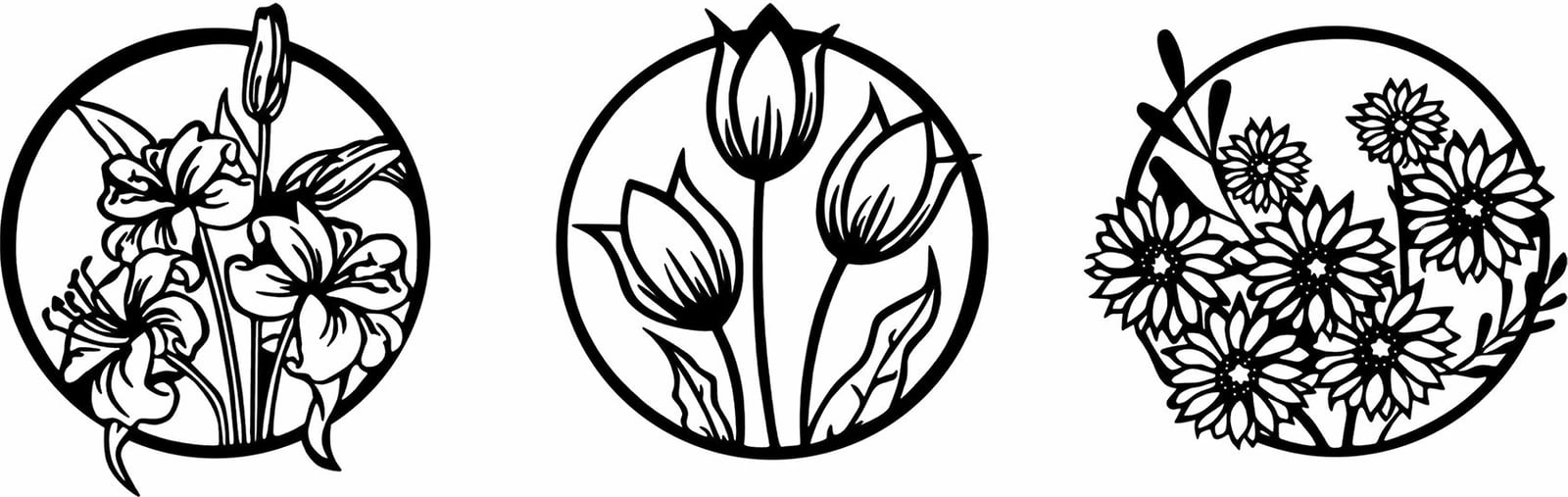 Aksesor dekorativ metalik për mur, lule, 273 M, set prej 3 copash, ngjyrë e zezë, 50x57cm