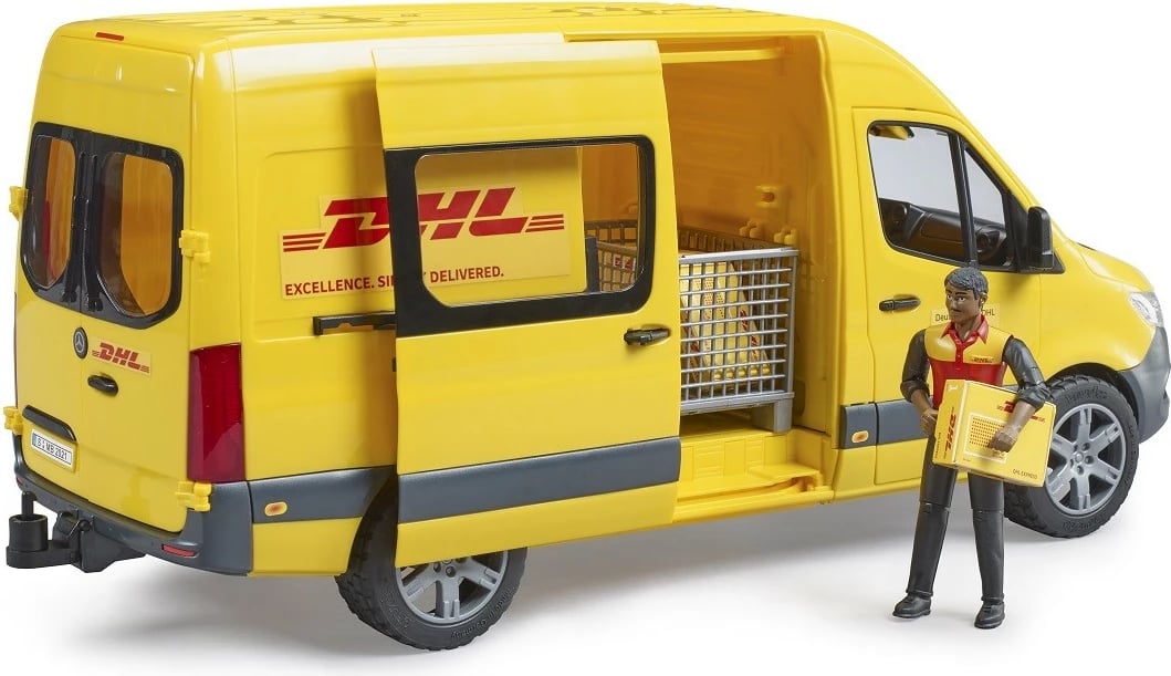 Lodër furgon MB Sprinter DHL, BRUDER BR-02671, shkallë 1:16, plastikë, me figurë dhe aksesorë, e verdhë, set