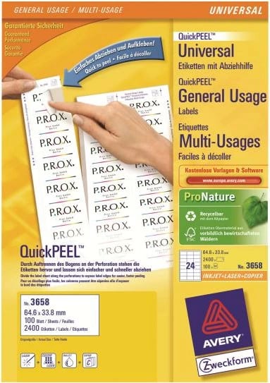 Etiketa, Avery Zweckform, 3658, A4 24/faqe 64.6 x 33.8 mm 100 fleta (2400 etiketa), e bardhë