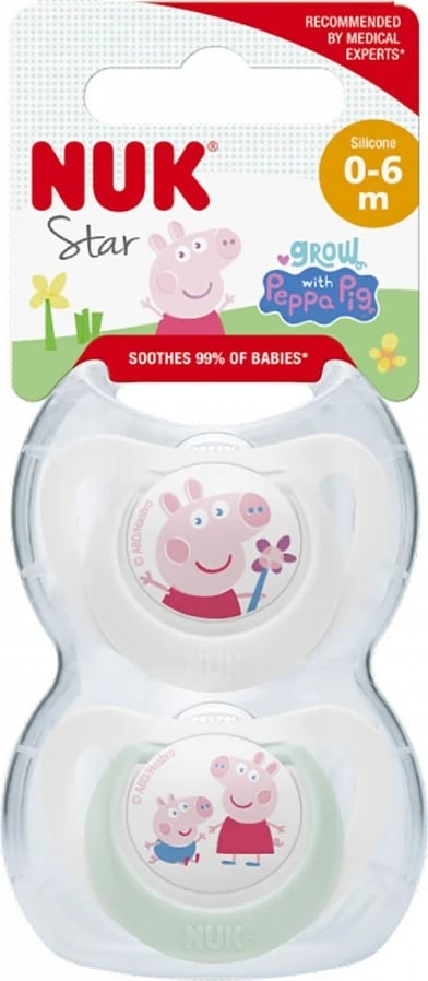 Cicë qetësuese bebe NUK Star Peppa Pig 0-6m silikon BPA-free bardhë, 2 copë