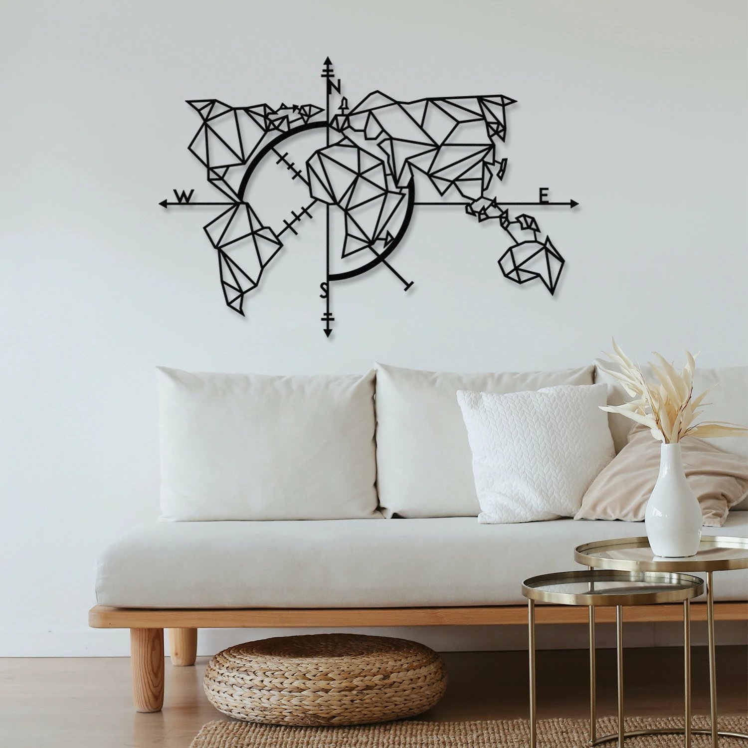 Aksesor dekorativ metalik për mur, hartë bote, Wallity, ngjyrë e zezë, 111x74cm