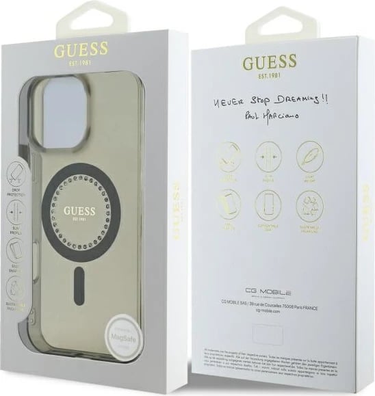 Mbështjellës Guess IML Rhinestones MagSafe për iPhone 16 Pro Max, Zi