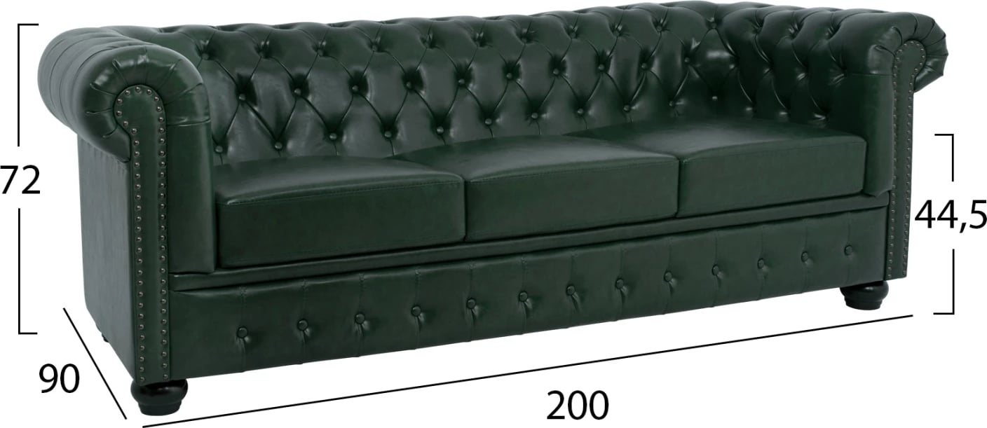 Divan 3 vendësh Chesterfield, FH3009.08, PU, Jeshile Cypress, 208x90x73 cm