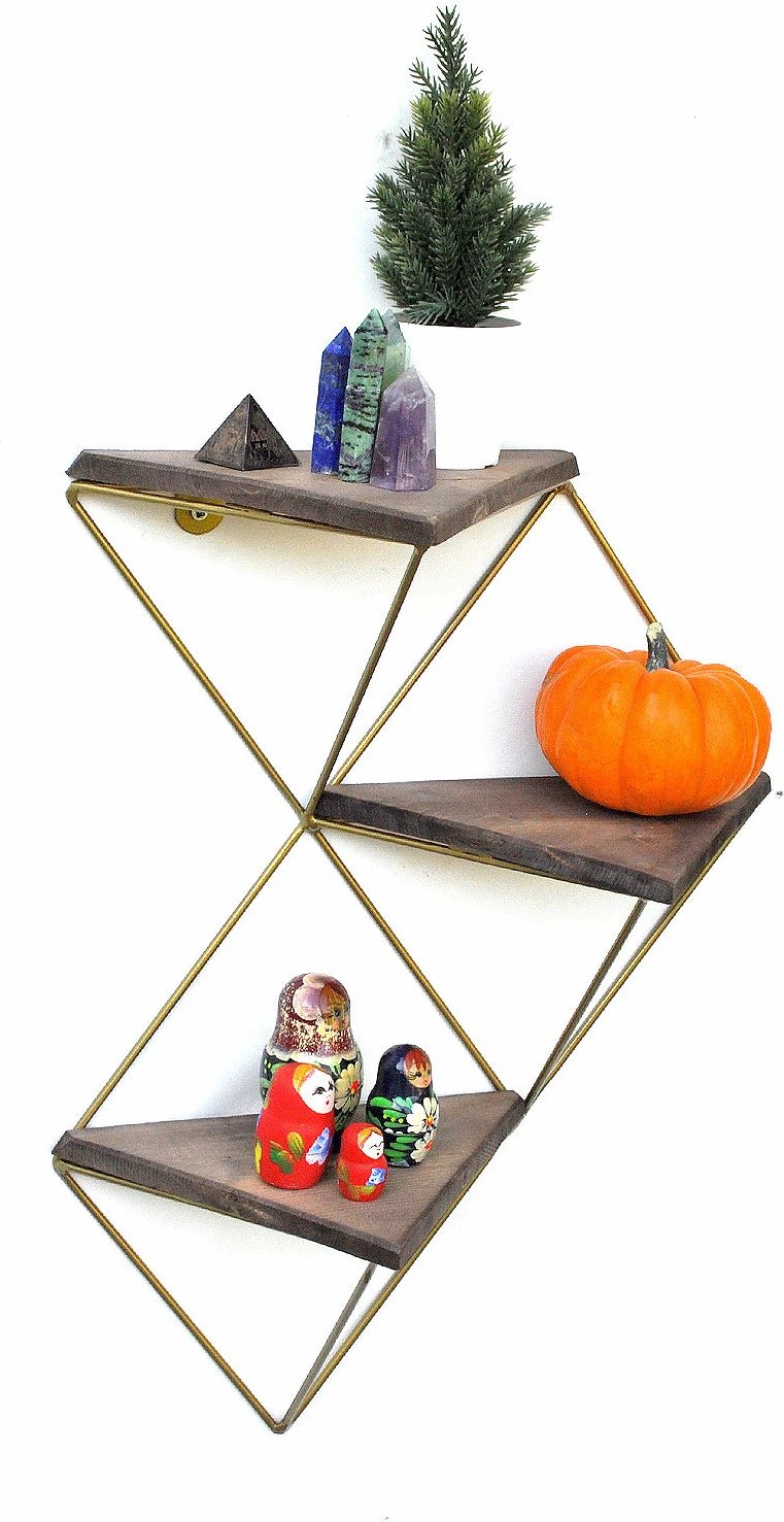 Raft dekorativ prej druri për mur, ngjyrë arre dhe ari, Hanah Home, Wr076