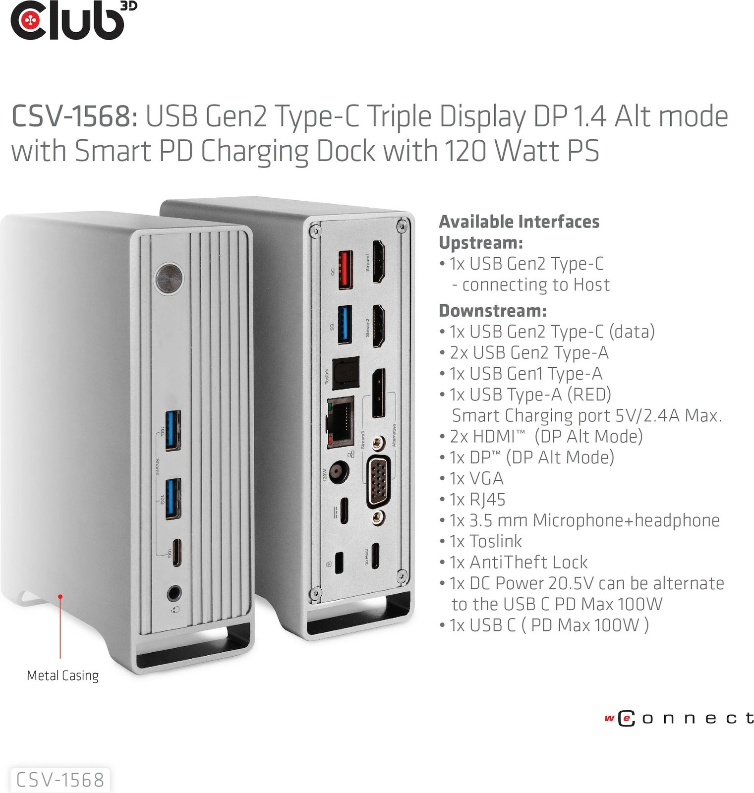 Docking station Club3D CSV-1568, 6xUSB3, DP, 2xHDMI, VGA, LAN, 120W, metal