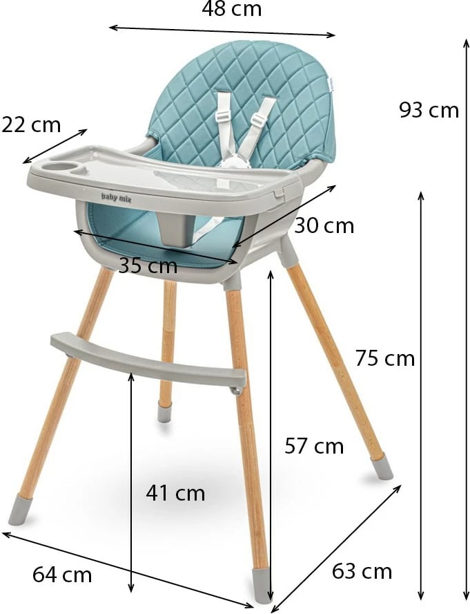 Karrige e lartë bebe, Baby Mix, Freja, tabaka dyshe e rregullueshme, rrip 5-pikësh, deri 15 kg, eko-lëkurë, jodrëshqitëse, jeshile